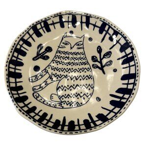 Super Cute Handcrafted Decorative Cream Navy Ceramic Cat Plate Whimsical 7.5"